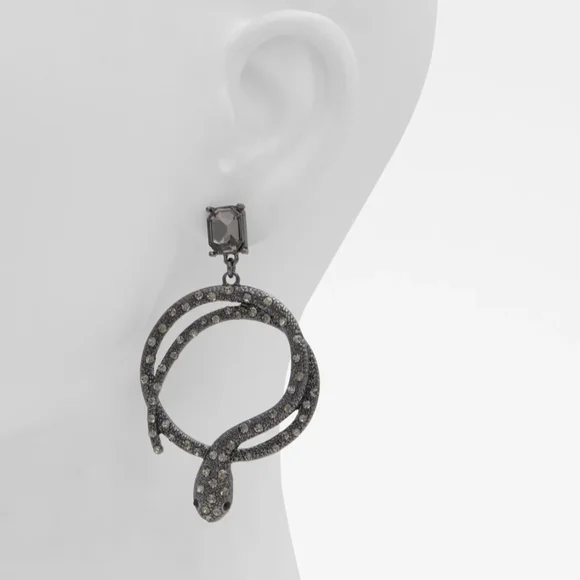 Aldo Gunmetal Crystal Snake Hoop Earrings Comes W Accessory Pouch - Picture 2 of 4
